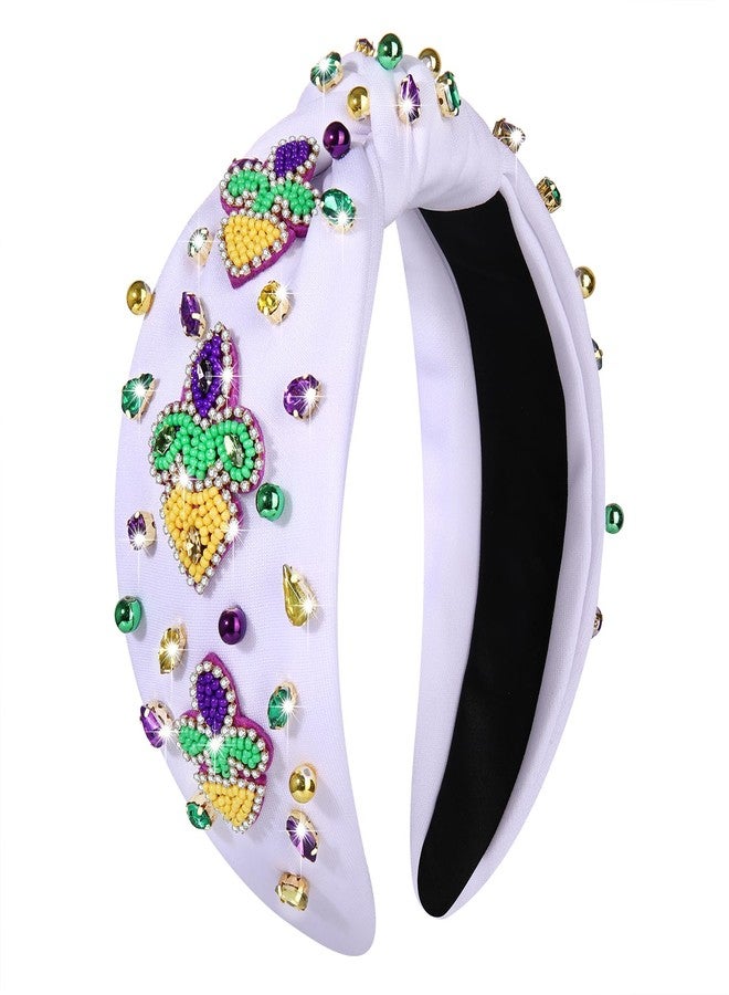 MOLOCH Mardi Gras Headband Carnival Hair Accessories for Women Beaded Fleur De Lis Knotted Headband Purple Green Gold Crystal Jeweled Hairband Mardi Gras Parade Party Gifts - Image 1